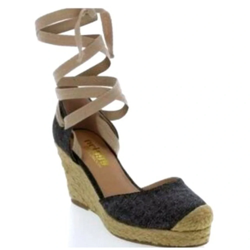 Twiggy London Espadrille Wedge Heels Navy‎ Metallic Lace Up Women's Shoes sz5